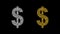 Spinning silver and golden 3d dollar symbols on plain black background