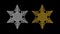 Spinning silver and golden 3d snowflakes on plain black background