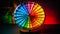 Spinning wheel of vibrant colors illuminates dartboard in casino competition generated by AI