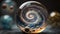 Spiral galaxy cosmos inside glass marbles. Glowing tiny universe. Astronomy and space.