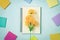 Spiral Notebook and Sticky Note and Orange Flower on Pastel Minimalist Background in Vintage Tone