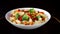 Spiral pasta with vegetables on a plate revolve on a black background. Green cauliflower falls on a plate