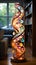 A spiral staircase made of colored glass sits in a living room. Generative AI image.