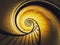 Spiral stairway abstract swirl hypnotising perspective. View downstairs to infinity circular stairs glowing in yellow light