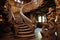 spiral wooden staircase with intricate carvings