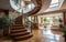 Spiral wooden staircase in a spacious living room,Elegant interior