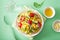 Spiralized courgette salad with sweetcorn tomato avocado, health