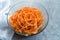 Spiralized Raw Sweet Potato in Glass Bowl Ready to Cook / Use