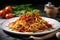 spiralized vegetable pasta with sauce on porcelain plate