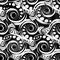 Spirals abstract black and white vector seamless pattern. Geometric ornamental halftone dotted background. Spiral swirls, wavy sh
