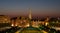 The spire of Brussels Town Hall on Grand Place is seen on the horizon, photographed from above the Mont des Arts park