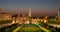 The spire of Brussels Town Hall on Grand Place is seen on the horizon, photographed from above the Mont des Arts park