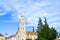 Spire of the famous Matthias Church in Budapest, Hungary. Roman Catholic church built in the Gothic style. Located in front of the