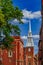 Spire of Old North Church with historical buildings in North End