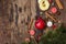 Spirit Christmas background. New Year tree, fresh apple, cinnamon, dog rose, candles, cardamom, star anise. Nature decorations,
