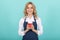 Spirit of Expertise. cheerful girl drinking tea. woman in apron with plastic cup. good morning