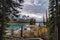 Spirit Island with Canadian rockies on Maligne Lake in autumn forest at Jasper national park