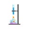 Spirit lamp with fire and glass test tube with blue liquid on stand. Laboratory equipment for science experiments