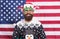 Spirit of patriotism. Christmas tradition from united states of America. American customs. Brutal man wear knitted