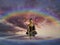 Spiritual background for meditation with buddha statue, rainbow, yin yang symbol isolated in clouds sky background