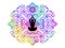 Spiritual background for meditation with guilloche mandala and human silhouette meditating with sacred symbol  in color background