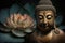 Spiritual Buddha statue meditating with lotus flower. Buddhist religion. Zen and enlightenment idea. Ai generated