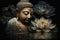 Spiritual Buddha statue meditating with lotus flower. Buddhist religion. Zen and enlightenment idea. Ai generated