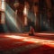 Spiritual devotion Muslim man prays in mosque, bathed in sunlight rays