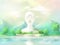 Spiritual enlightenment symbol. White statue with the third eye near the water at sunrise against the background of mountains