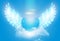 Spiritual guidance, divine energy, Angel of light and love doing a miracle on sky, blue angelic wings