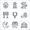 spiritual line icons. linear set. quality vector line set such as taj mahal, candle, moon, lotus, rosary, torii gate, bamboo,