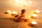 Spiritual purity atmosphere with oil lamps in temple. Stone bala