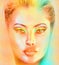 A spiritual woman\'s face close up with a veil with a colorful abstract gradient effect