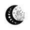 Spirituality moon phase crystal logo. Floral moon. Black graphic magical stone. Spiritual stone illustration. Hand drawn