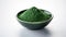 Spirulina or chlorella green powder in a bowl on a white background. Dried seaweed. Healthy superfood. Matcha Powder