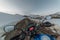 Spiti, Himachal Pradesh, India - March 26, 2019 : Biker at open road in winter in himalayas of india