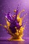 Splash art dans? of yellow and purple liquids like slow motion shooting random scattering