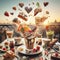 splash and flying breakfast elements food and drink, cappuccino, fruit, cake, cookie at sunrise