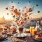 splash and flying breakfast elements food and drink, cappuccino, fruit, cake, cookie at sunrise