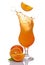 Splash in glass of alcoholic tropical cocktail drink with falling slice of orange
