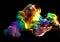 Splash of gold and smoke rainbow color on a black background. 3d illustration, 3d rendering