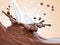 Splash of hot chocolate and pouring milk, sauce or syrup, cocoa drink or choco milkshake flow, melted chocolate wave, abstract