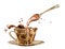 Splash of hot melted chocolate sauce or syrup, cocoa drink in golden luxury cup with spoon 3d rendering