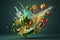 Splash levitation of organic foods fresh vegetables and fruits selection