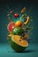 Splash levitation of organic foods fresh vegetables and fruits selection