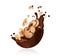 Splash of melted chocolate with crushed walnut closeup on white background