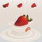 Splash strawberry in milk realistic 3d vector. Raw strawberry fruit. Whole and slice strawberry with splashes milk