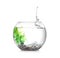 Splash of water in round fish bowl with decorative plant and pebbles on white background