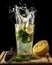 Splashing lemonade with mint and lemons on the table isolated on a black background