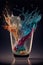 Splashing liquids on glass, full colors. Generative AI illustration